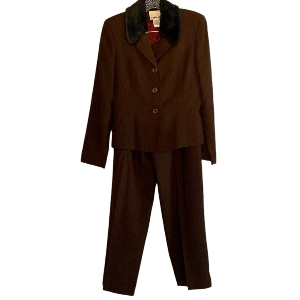 Vintage Studio 32 Brown 100% Wool Pants Suit With Faux Fur Collar - Picture 1 of 5